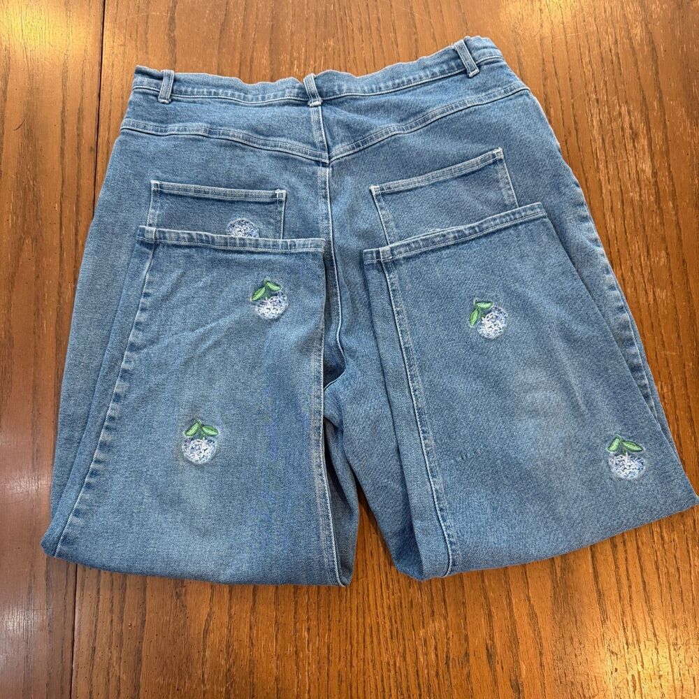 Quacker Factory Jeans Size 16 Blue Denim Hydrangea Floral Embroidered Stretch - Picture 6 of 11